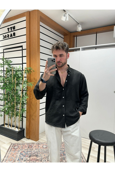 Siyah  Oversize Dokulu Gömlek