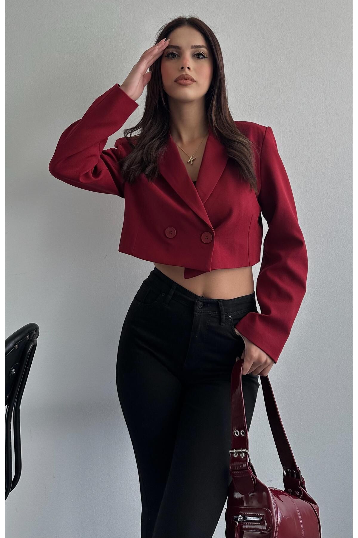 Tek Düğmeli Crop Ceket BORDO Tek Düğmeli Crop Ceket BORDO