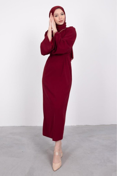 Volan Kol Kuşaklı Tesettür Elbise Bordo Volan Kol Kuşaklı Tesettür Elbise Bordo