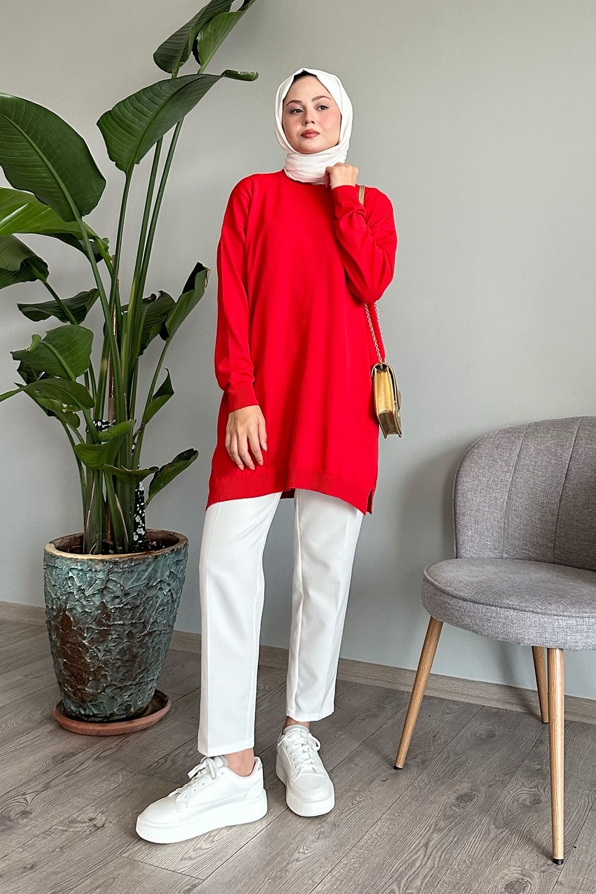 Yırtmaçlı Basic Kırmızı Triko Tunik Yırtmaçlı Basic Kırmızı Triko Tunik