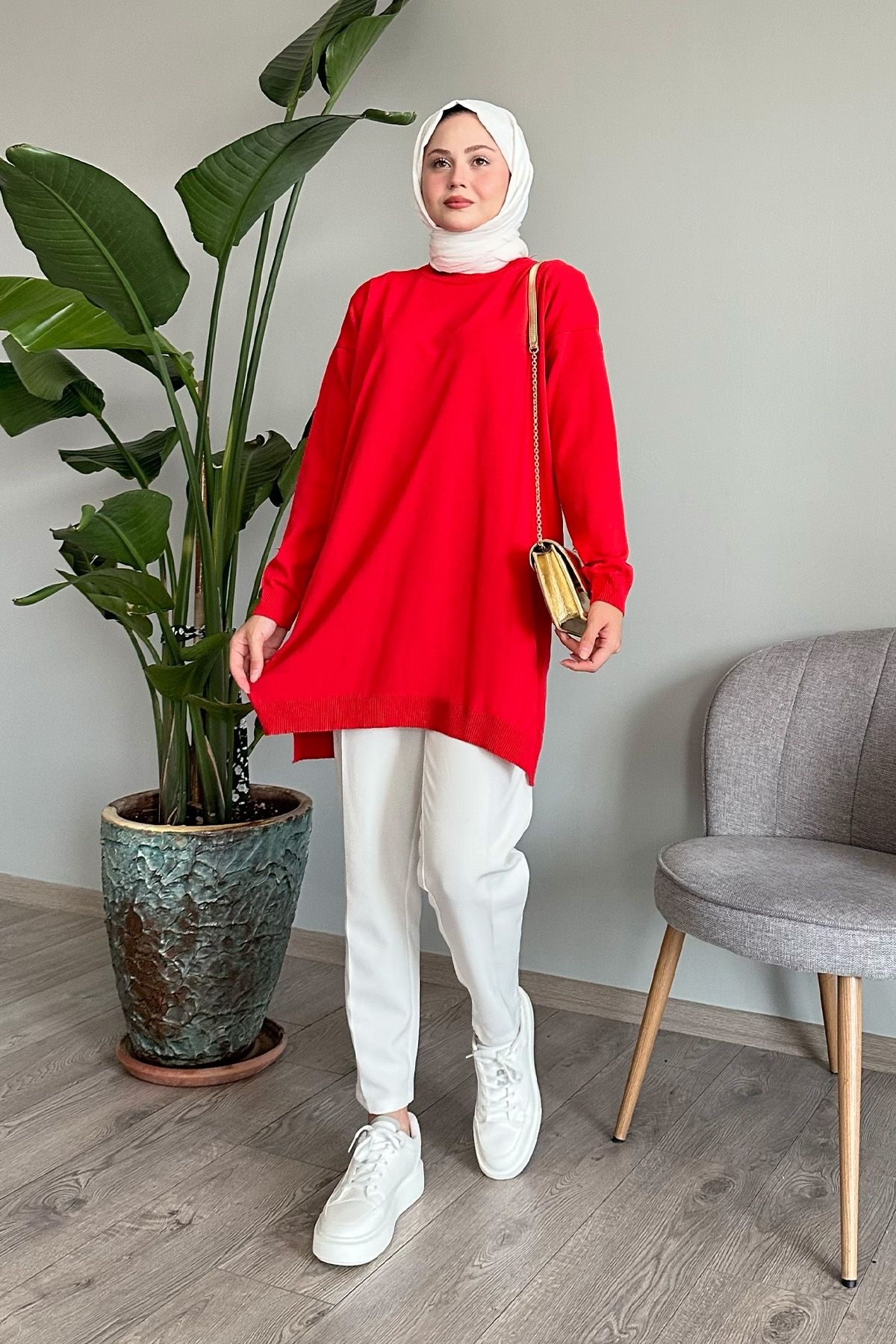 Yırtmaçlı Basic Kırmızı Triko Tunik Yırtmaçlı Basic Kırmızı Triko Tunik