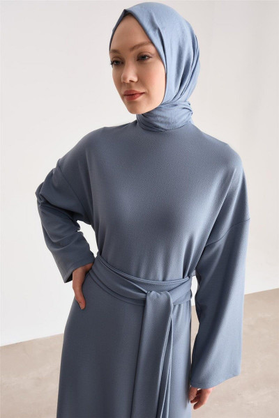 Örme Beli Çift Bağlamalı Elbise Ort9727 Indigo Örme Beli Çift Bağlamalı Elbise Ort9727 Indigo