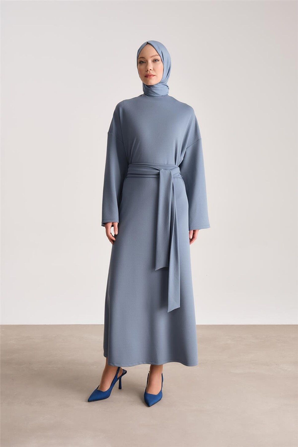Örme Beli Çift Bağlamalı Elbise Ort9727 Indigo Örme Beli Çift Bağlamalı Elbise Ort9727 Indigo