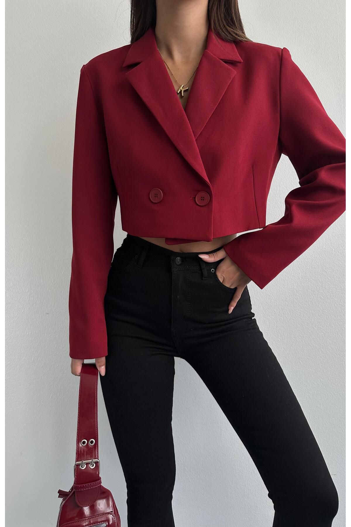 Tek Düğmeli Crop Ceket BORDO Tek Düğmeli Crop Ceket BORDO