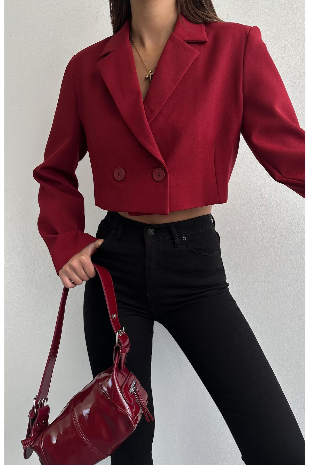 Tek Düğmeli Crop Ceket BORDO Tek Düğmeli Crop Ceket BORDO