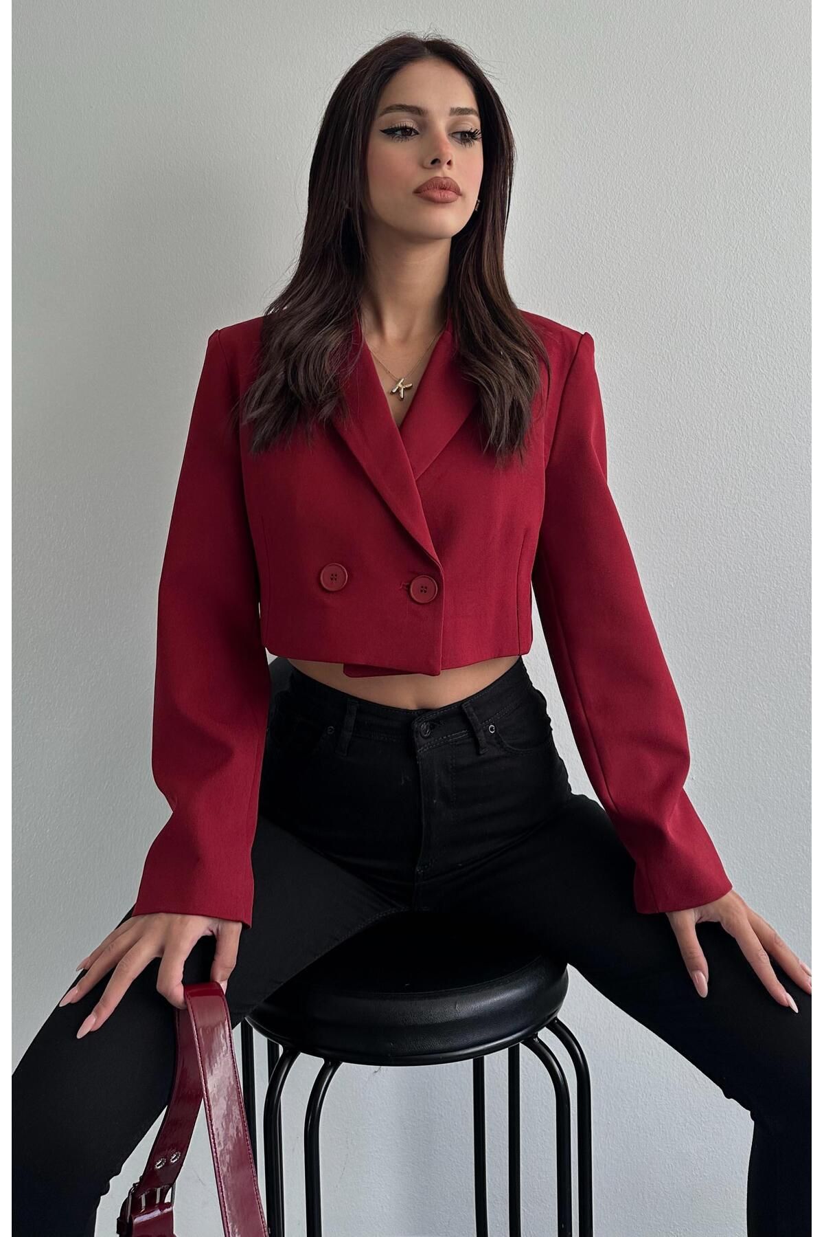 Tek Düğmeli Crop Ceket BORDO Tek Düğmeli Crop Ceket BORDO