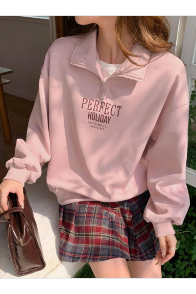 Kadın Pembe Perfect Baskılı Yarım Fermuarlı Oversize Sweatshirt Kadın Pembe Perfect Baskılı Yarım Fermuarlı Oversize Sweatshirt