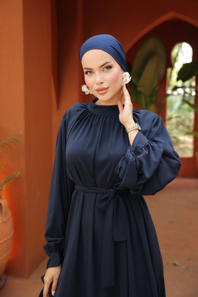 Kadın Tesettür Yakası Büzgülü Kolu Kurdelalı Elbise Kadın Tesettür Yakası Büzgülü Kolu Kurdelalı Elbise