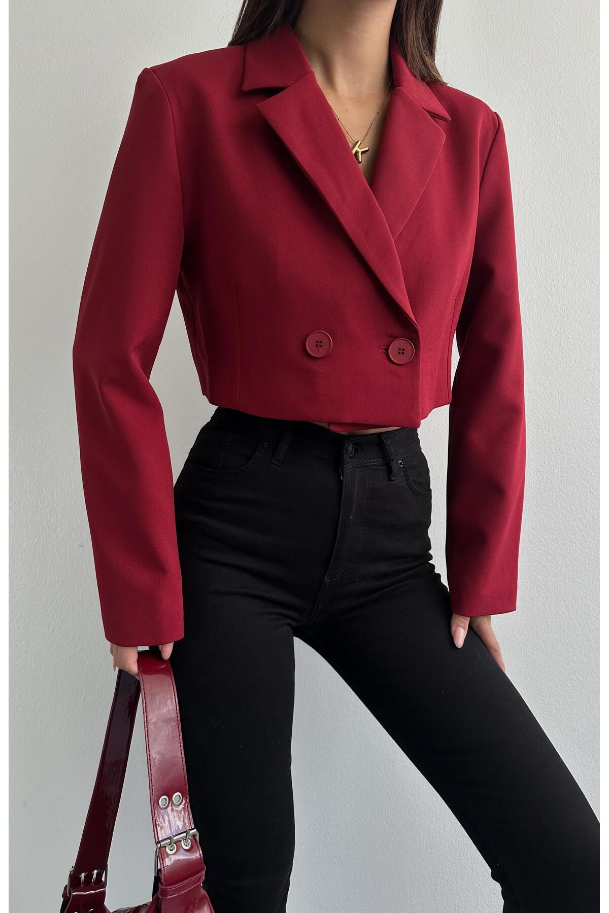 Tek Düğmeli Crop Ceket BORDO Tek Düğmeli Crop Ceket BORDO