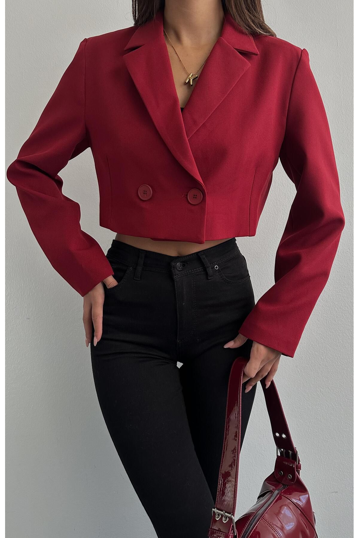 Tek Düğmeli Crop Ceket BORDO Tek Düğmeli Crop Ceket BORDO