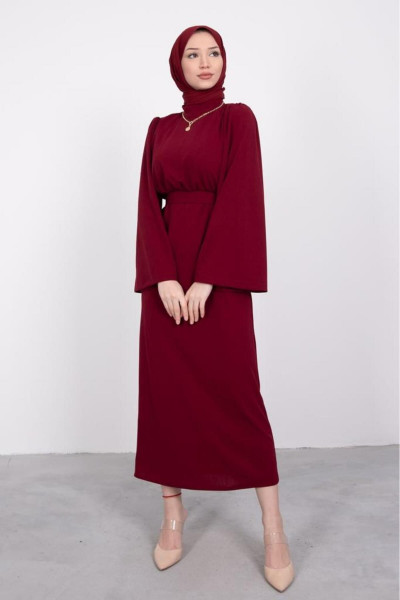 Volan Kol Kuşaklı Tesettür Elbise Bordo Volan Kol Kuşaklı Tesettür Elbise Bordo