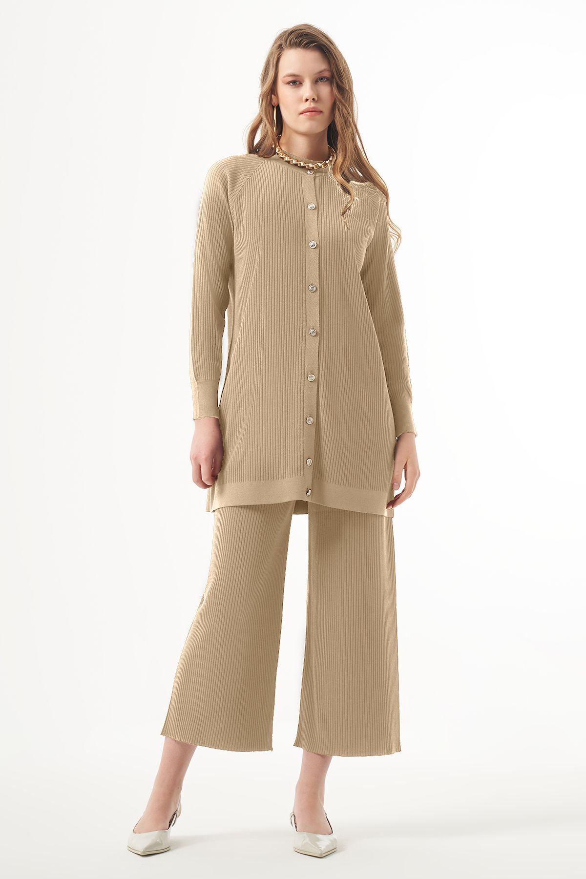 Merserize Çizgi Detay Hırka Pantolon Takım 1100 Bej