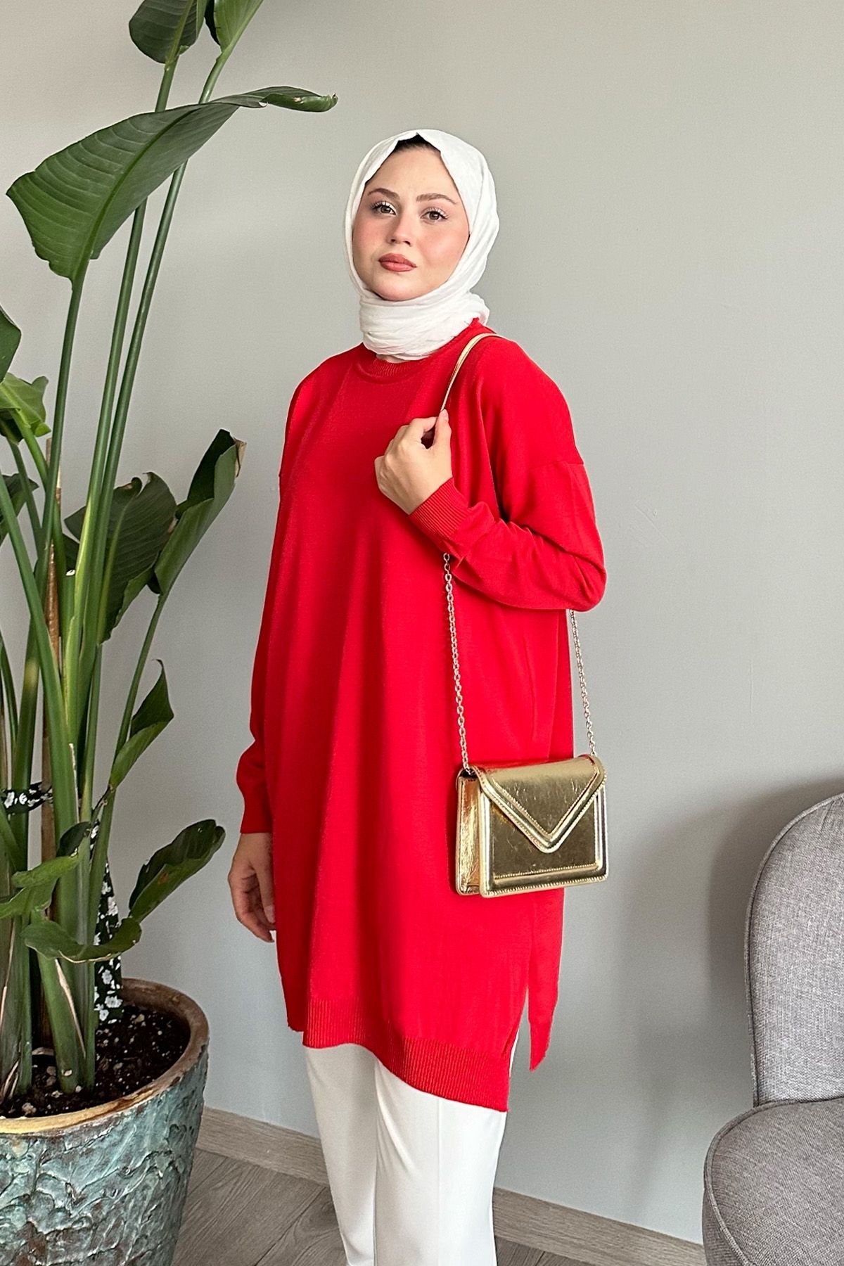 Yırtmaçlı Basic Kırmızı Triko Tunik Yırtmaçlı Basic Kırmızı Triko Tunik