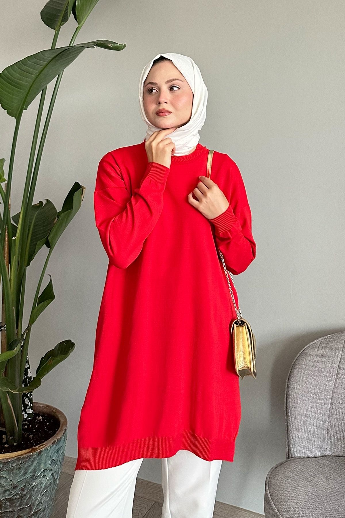 Yırtmaçlı Basic Kırmızı Triko Tunik Yırtmaçlı Basic Kırmızı Triko Tunik