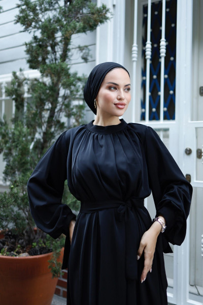 Kadın Tesettür Yakası Büzgülü Kolu Kurdelalı Elbise Kadın Tesettür Yakası Büzgülü Kolu Kurdelalı Elbise