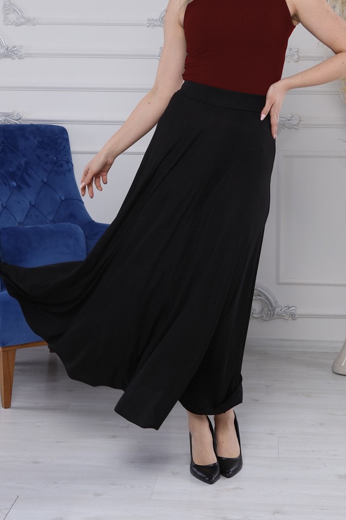 Siyah Uzun Etek Beli Lastikli G029-5s Siyah Uzun Etek Beli Lastikli G029-5s