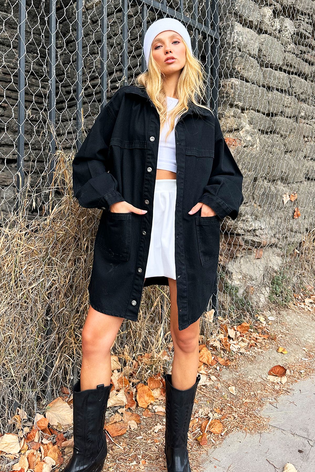Kadın Siyah Çift Cepli Oversize Uzun Denim Ceket ALC-X12673 Kadın Siyah Çift Cepli Oversize Uzun Denim Ceket ALC-X12673