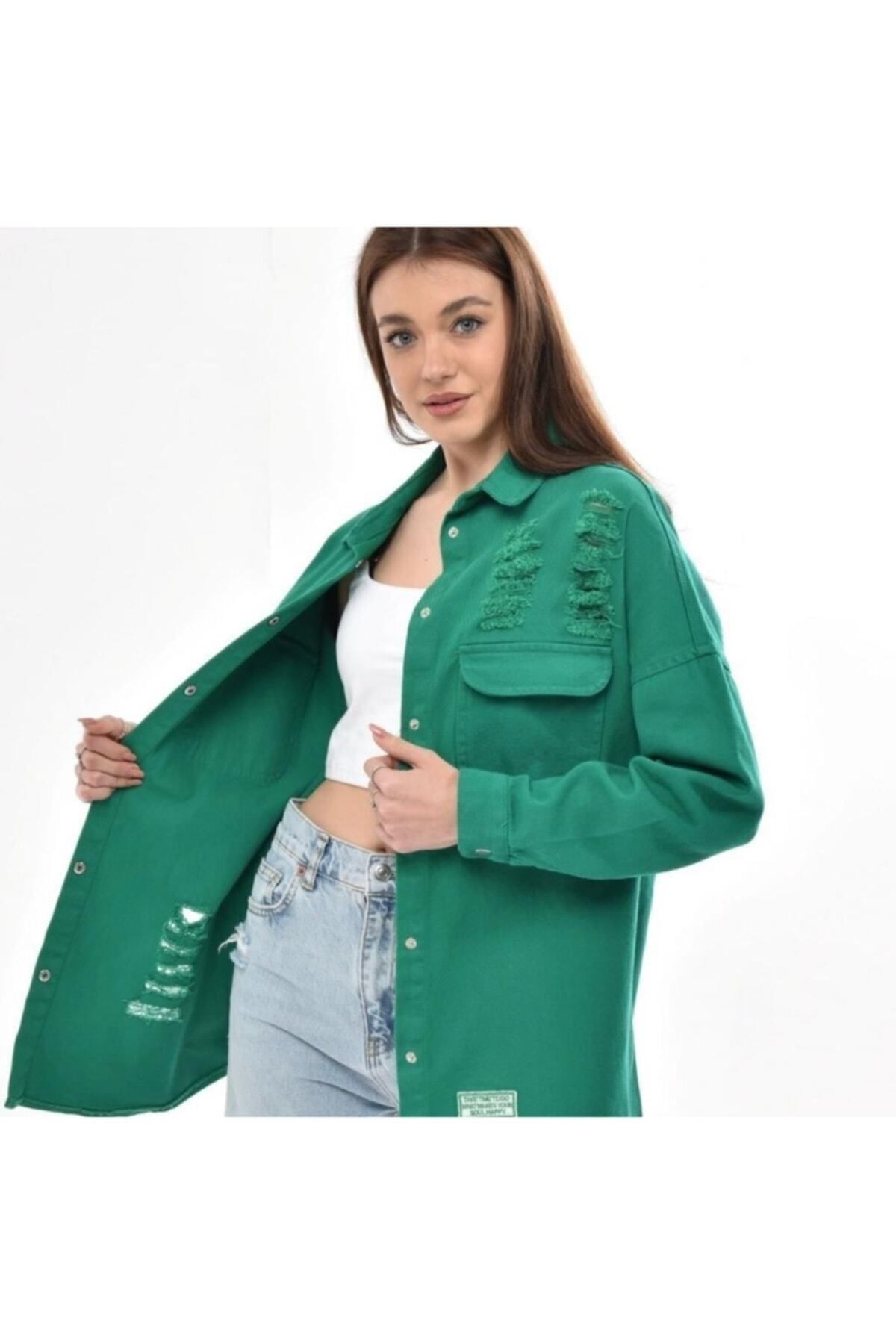 Kadın Yeşil Boyfriend Oversize Eskitmeli Denim Jeans Kot Ceket A36-011 Kadın Yeşil Boyfriend Oversize Eskitmeli Denim Jeans Kot Ceket A36-011