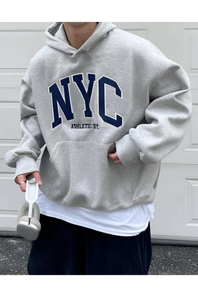 NYC Baskılı Kapsolu Grı Sweatshırt hodie