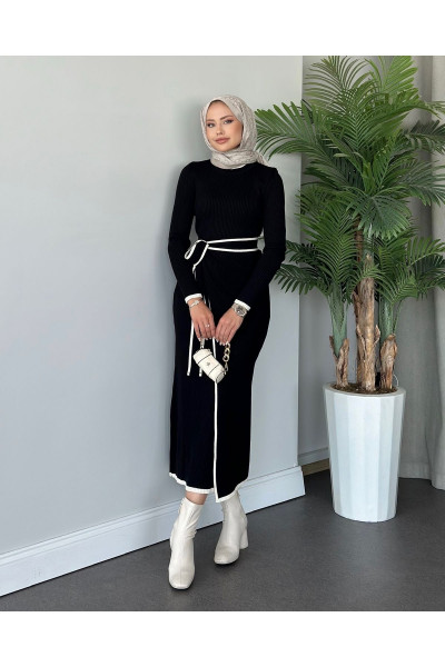 Triko Belden Bağlamalı Tasarım Elbise Siyah Triko Belden Bağlamalı Tasarım Elbise Siyah