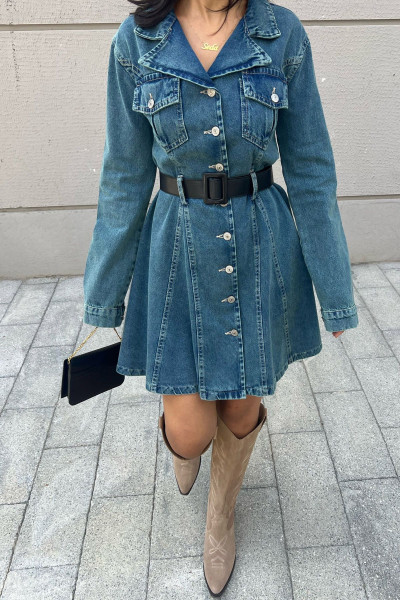 Mavi Tasarım Kemerli Düğmeli Kısa Denim Elbise Mavi Tasarım Kemerli Düğmeli Kısa Denim Elbise