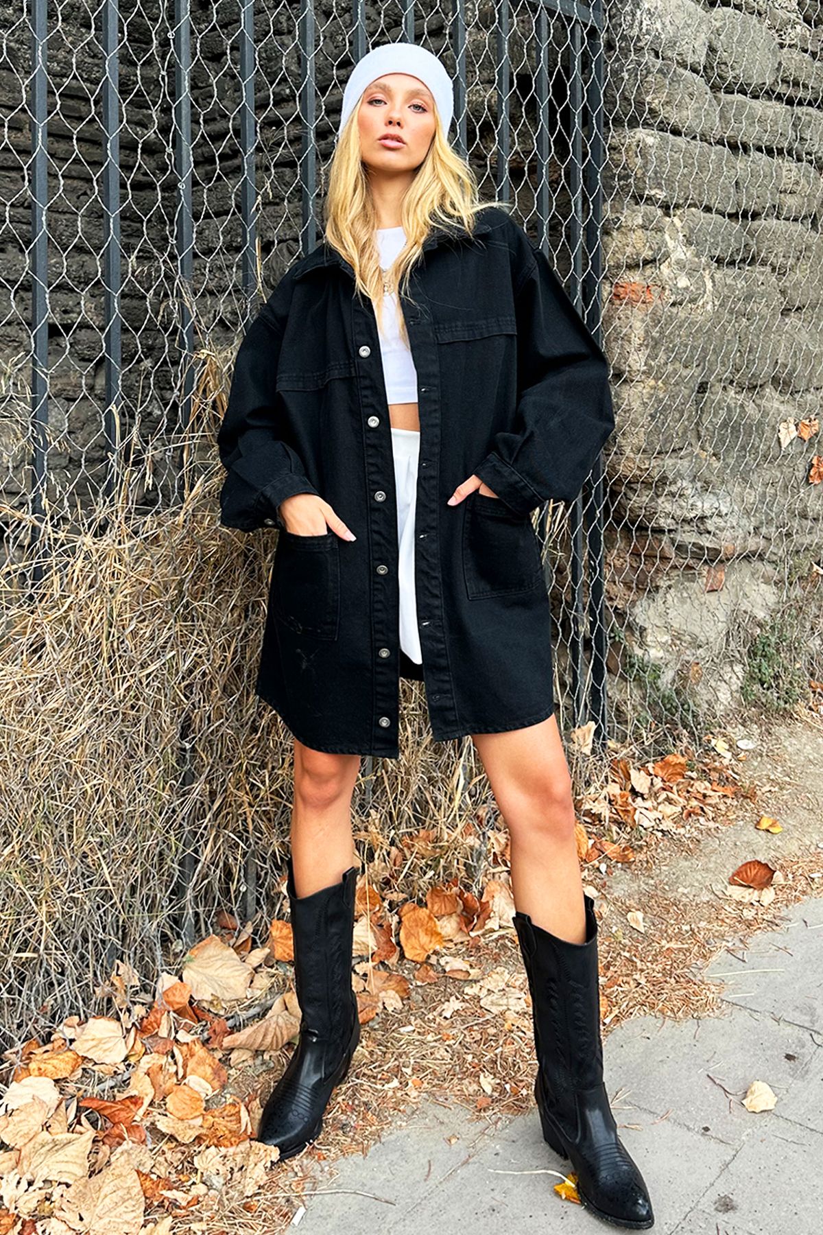 Kadın Siyah Çift Cepli Oversize Uzun Denim Ceket ALC-X12673 Kadın Siyah Çift Cepli Oversize Uzun Denim Ceket ALC-X12673