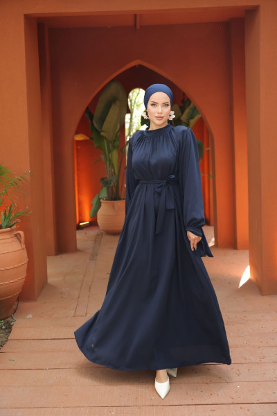 Kadın Tesettür Yakası Büzgülü Kolu Kurdelalı Elbise Kadın Tesettür Yakası Büzgülü Kolu Kurdelalı Elbise