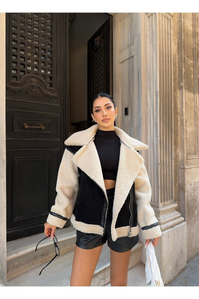 Siyah Süet Kolu Peluş Biker Mont Siyah Süet Kolu Peluş Biker Mont