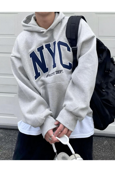NYC Baskılı Kapsolu Grı Sweatshırt hodie