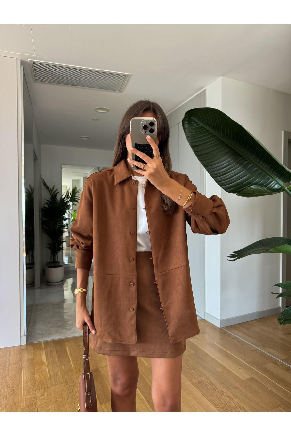 Süet Oversize Gömlek-Taba Süet Oversize Gömlek-Taba