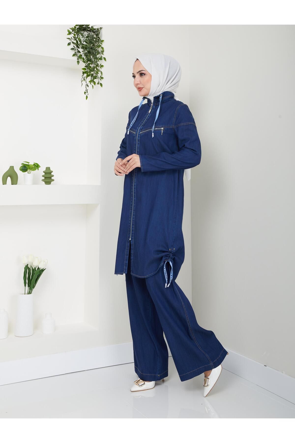 Kot Takım Pantolon Tunik Ikili Takım Kap Giyçık Yarım Kot Kadın 56015 Kot Takım Pantolon Tunik Ikili Takım Kap Giyçık Yarım Kot Kadın 56015
