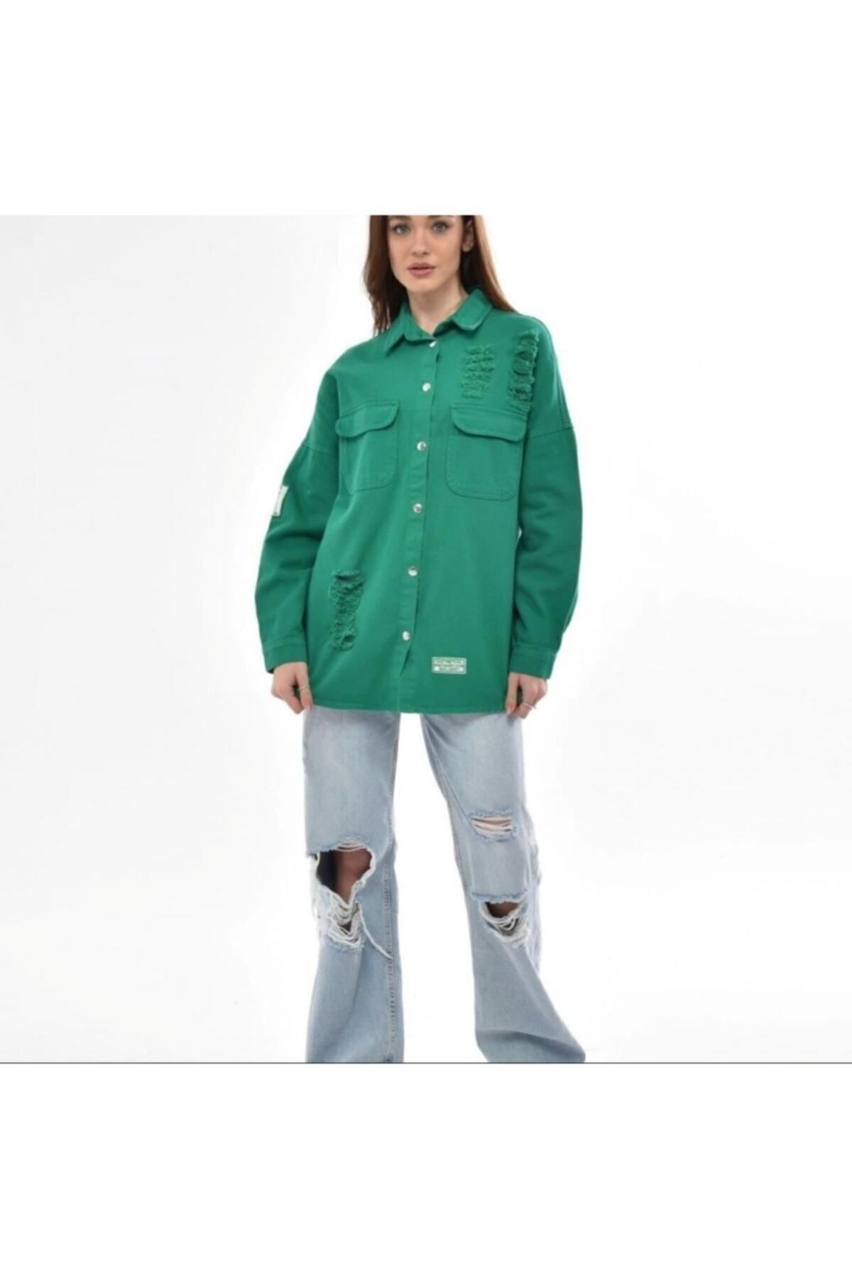 Kadın Yeşil Boyfriend Oversize Eskitmeli Denim Jeans Kot Ceket A36-011 Kadın Yeşil Boyfriend Oversize Eskitmeli Denim Jeans Kot Ceket A36-011
