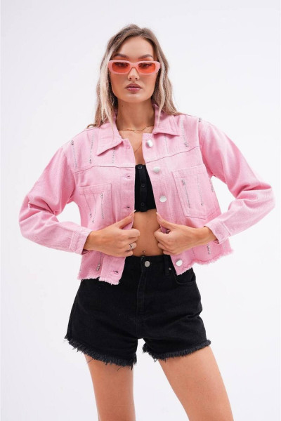Kadın Pembe Püsküllü Taş Detaylı Crop Kot Ceket Kadın Pembe Püsküllü Taş Detaylı Crop Kot Ceket