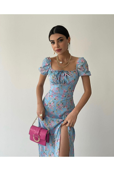 Mavi Pembe Çiçekli Midi Boy Yırtmaçlı Elbise Mavi Pembe Çiçekli Midi Boy Yırtmaçlı Elbise