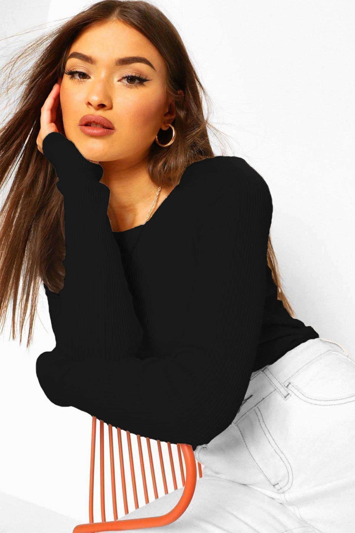 Kadın Siyah Uzun Kollu Bisiklet Yaka T-shirt Bluz Kaşkorse Fitilli Kadın Siyah Uzun Kollu Bisiklet Yaka T-shirt Bluz Kaşkorse Fitilli