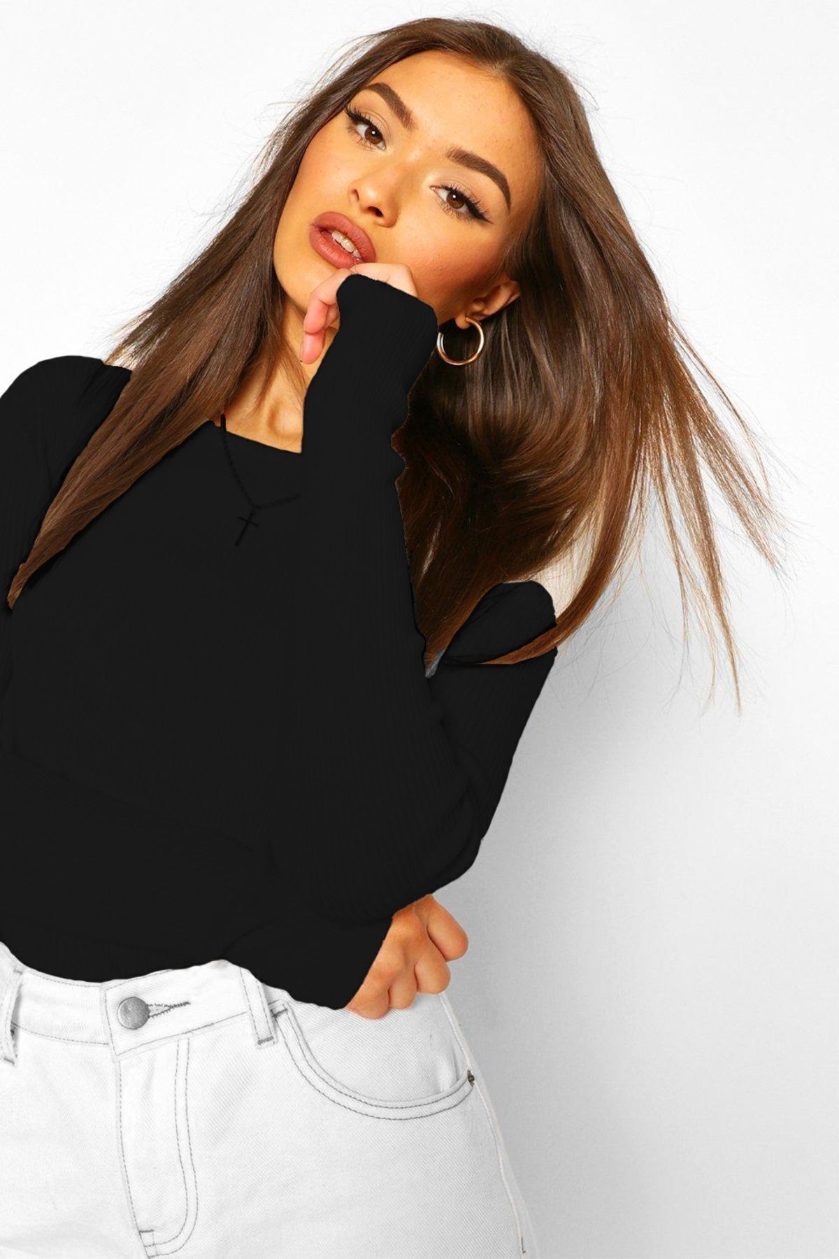 Kadın Siyah Uzun Kollu Bisiklet Yaka T-shirt Bluz Kaşkorse Fitilli Kadın Siyah Uzun Kollu Bisiklet Yaka T-shirt Bluz Kaşkorse Fitilli