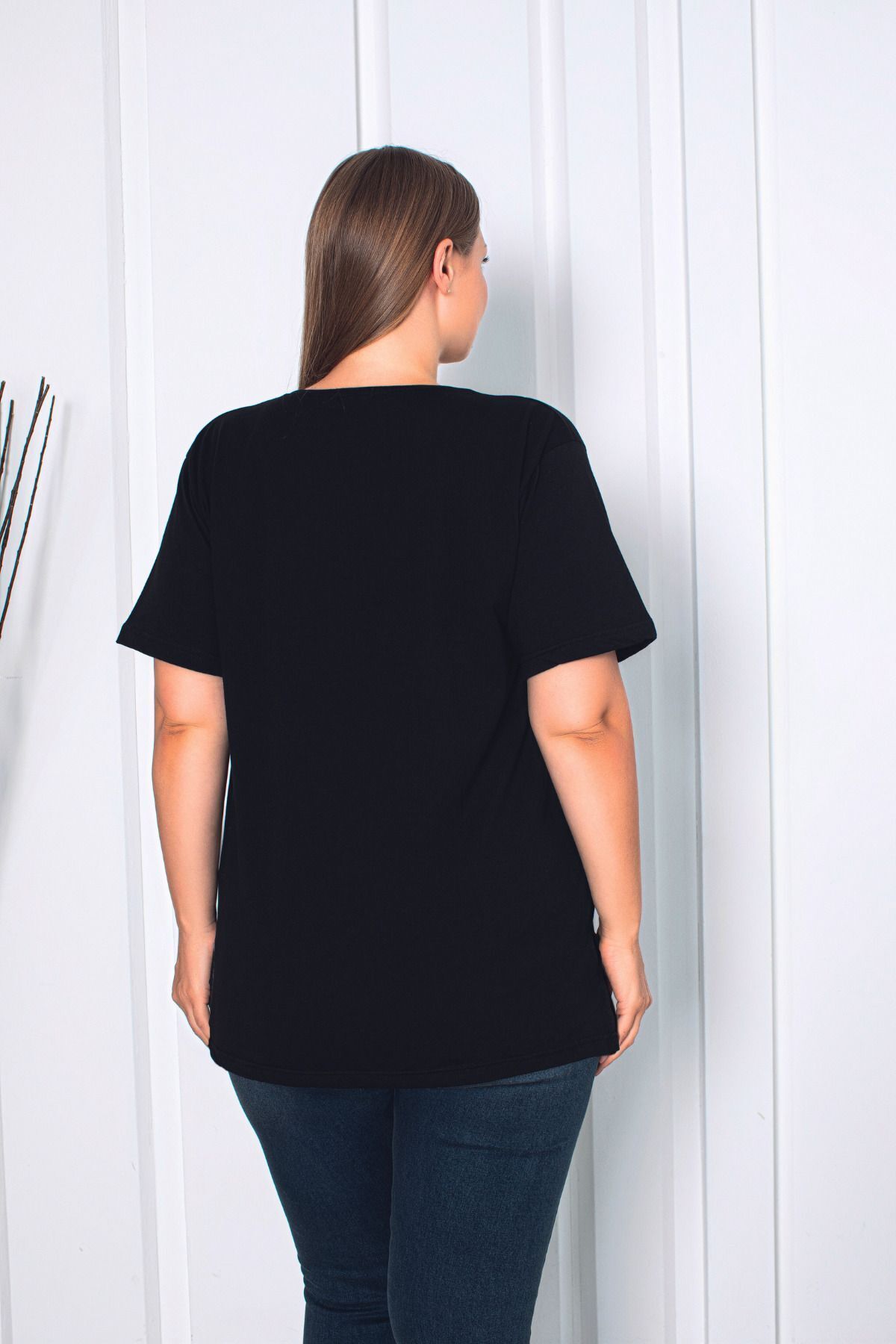 Yırtmaçlı Pamuklu Kadın V Yaka Büyük Beden T-shirt