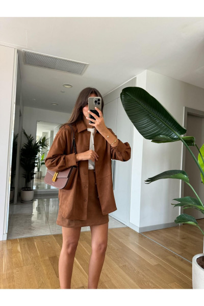 Süet Oversize Gömlek-Taba