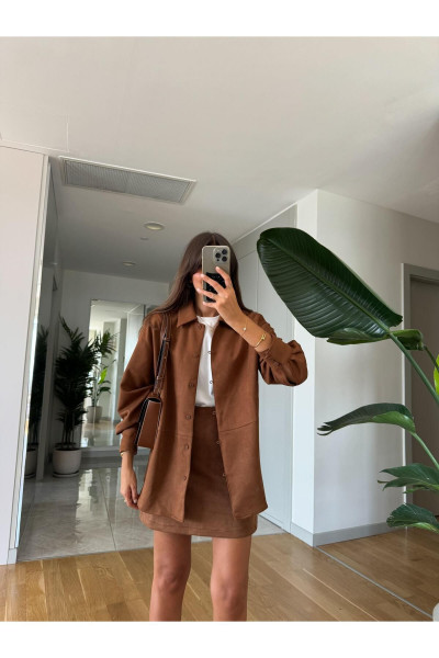 Süet Oversize Gömlek-Taba