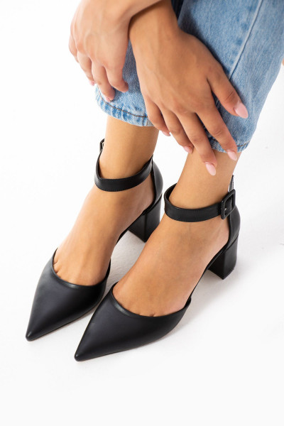 Kadin Siyah Topuklu Ayakkabı Abiye Stiletto Kalın Topuk Gelinlik Ayakkabisi 5.5cm