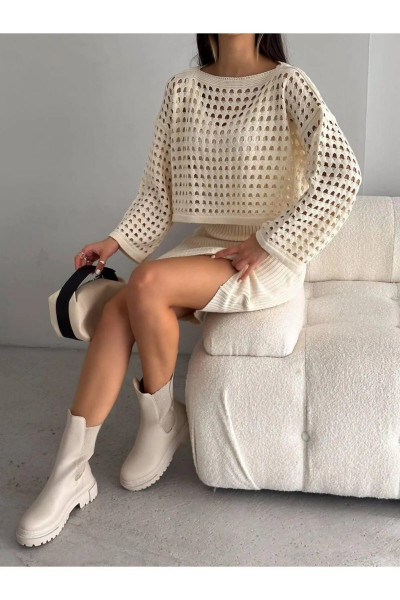 Triko Delikli Kazak Elbise Takım Triko Delikli Kazak Elbise Takım