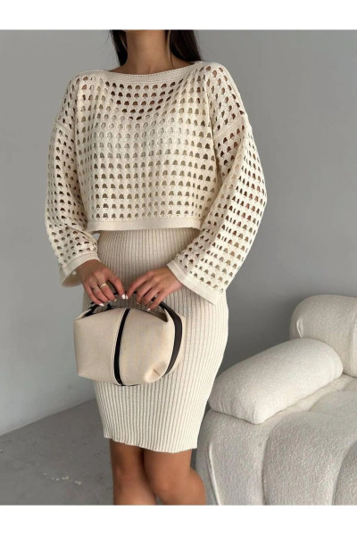 Triko Delikli Kazak Elbise Takım Triko Delikli Kazak Elbise Takım