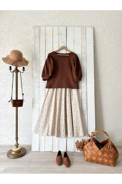 Krem-kahve Çiçekli Poplin Kloş Etek