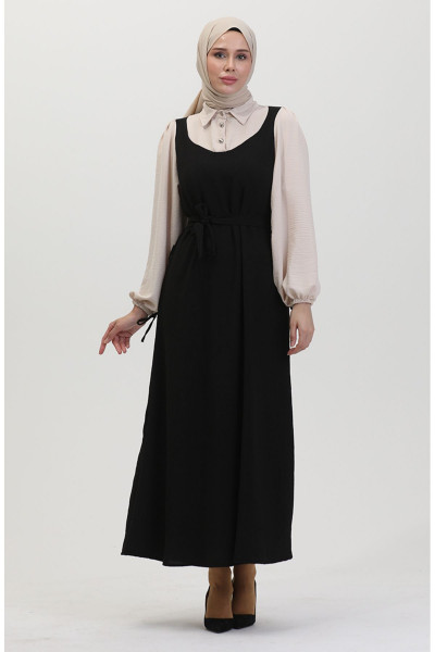 Kuşaklı Jile Elbise 0490-02 Vizon Siyah