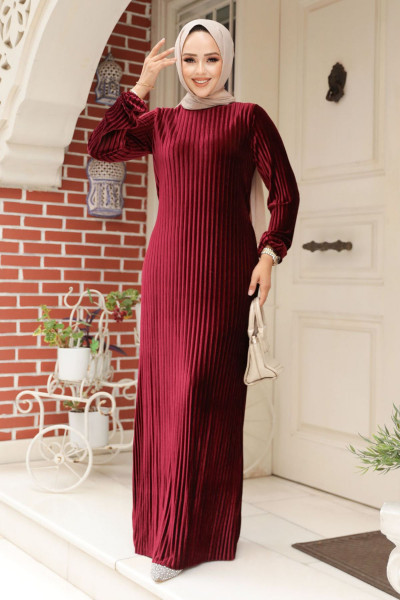 Pileli Bordo Kadife Tesettür Elbise 22751BR Pileli Bordo Kadife Tesettür Elbise 22751BR