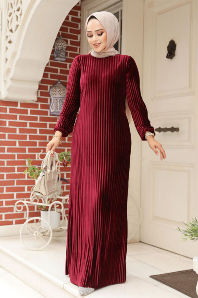 Pileli Bordo Kadife Tesettür Elbise 22751BR Pileli Bordo Kadife Tesettür Elbise 22751BR