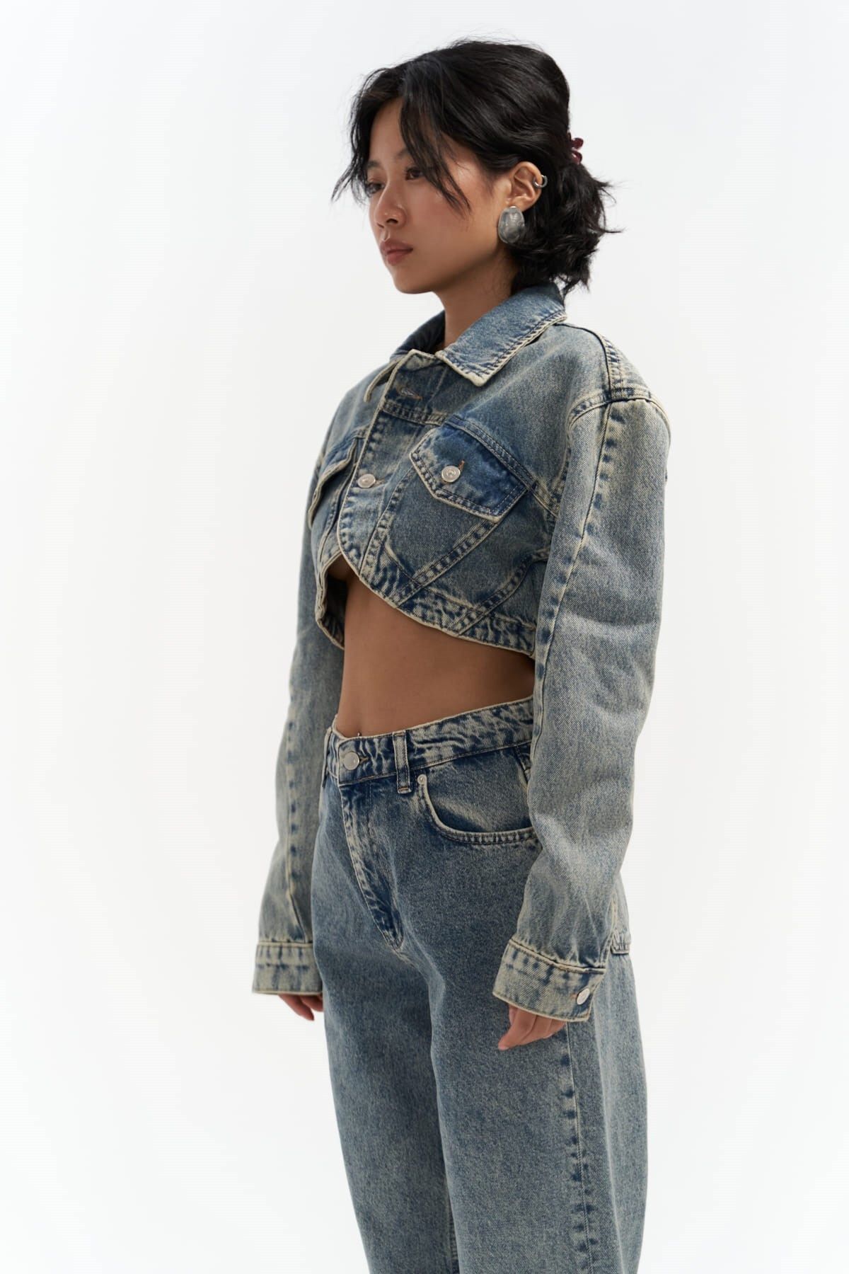 Mai Collection Cali Çapraz Detay Kirli Yeşil Crop Jean Ceket Mai Collection Cali Çapraz Detay Kirli Yeşil Crop Jean Ceket