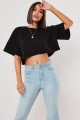 Optimistic Baskılı Dikiş Detaylı Çift Renk Siyah Crop T-shirt