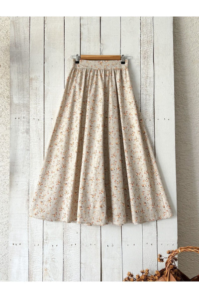 Krem-kahve Çiçekli Poplin Kloş Etek
