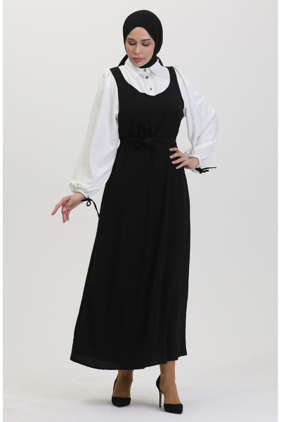 Kuşaklı Jile Elbise 0490-03 Ekru Siyah